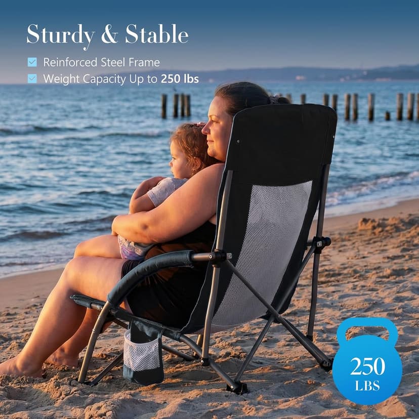 DUMOS Low Camping Beach Chair, Lightweight Folding Portable Beach Chair with Cup Holder, Storage Pocket, Breeze Mesh Back, Padded Armrests, Low Profile Chair for Camp, Picnic, Lawn, Sand, Black