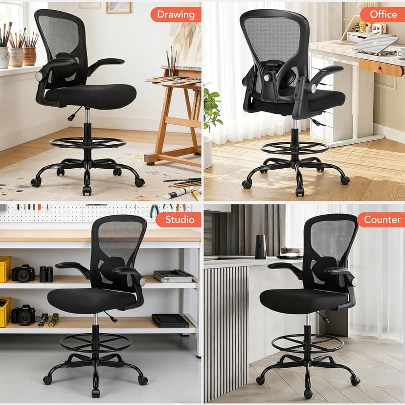 Drafting Chair, Tall Office Chair for Standing Desk, Mesh High Desk Chair with Flip-Up Armrests, Ergonomic Office Chair with Lumbar Support, Adjustable Footrest Ring Studio Chair, Black