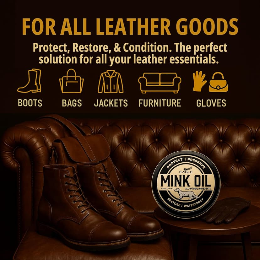 Eagle 4-in-1 Mink Oil Leather Conditioner Kit – 3.52oz Waterproof Paste with Horsehair Brush, Sponge & Microfiber Cloth – Leather Cleaner & Protector for Boots, Shoes, Jackets, Saddles & Bags
