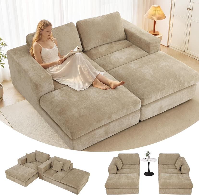 80.7" Oversized Double Chaise Lounge Chair Indoor, Cloud Boneless Sleeper Sofa Bed with 4 Pillows, Extra Deep Seat Cozy Loveseat Couch for Living Room Bedroom, No Assembly Required (Khaki)