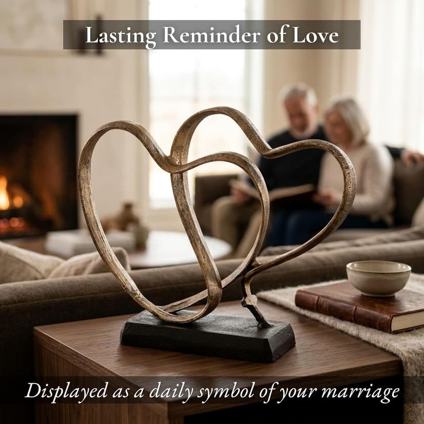 Wedding Anniversary Couples Gift - Two Hearts and Cross Iron Sculpture, Heart Decoration Gift for Her and Him, 1st to 50th or 60th Anniversary, Includes Present Box and Poem Card