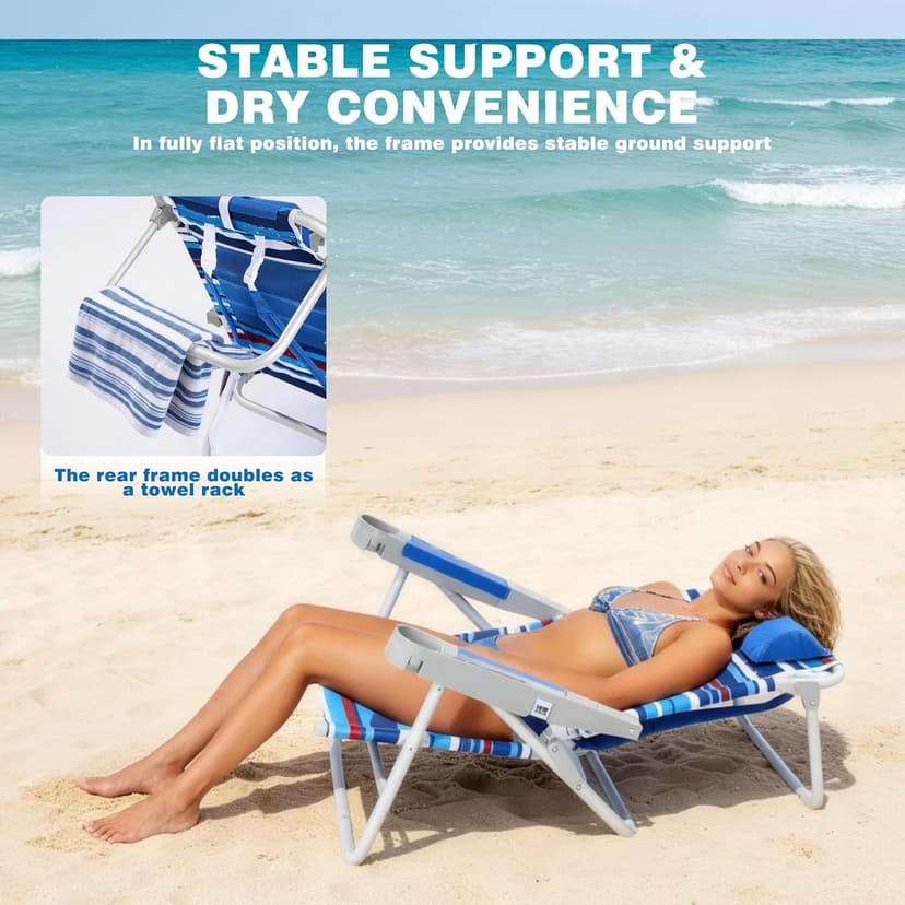 SUNNYFEEL Extra Wide Low Beach Chair 5 Position Lay Flat 500 LBS Heavy Duty, XL Oversized Portable Folding Camping Chairs with Cup Holder for Outdoor/Trip, Lightweight Backpack Beach Chair for Adults