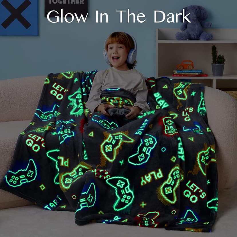Joiedomi Glow in The Dark Gaming Blanket Gamer Gifts for Boys Age 2 3 4 5 6 7 8 9 10 11 12 Year Old, Soft Cozy Flannel Kids Throw Blanket, Birthday Bedroom Decor Grey 50"×60"