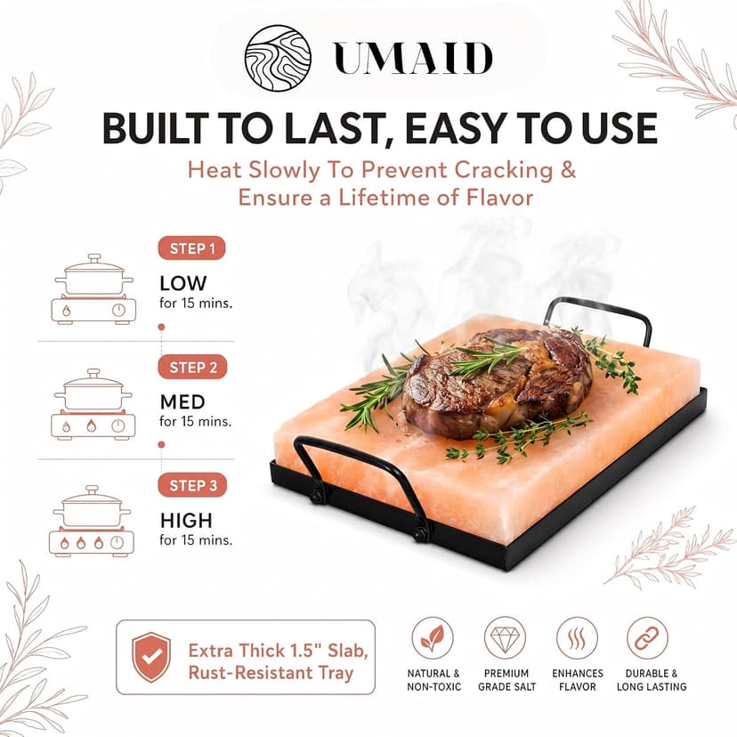 UMAID Himalayan Salt Block Cooking Plate 12x8x1.5 – Food Grade Pink Himalayan Salt Stone for Cooking, Grilling, Serving & Cutting – Includes Steel Tray & Grilling Recipe Booklet – Unique Gifts for Men & Women B07BB6HWT6
