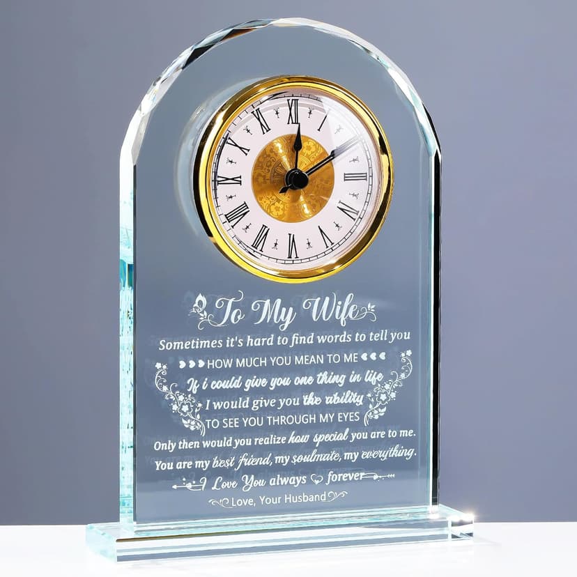 Gifts for Wife Romantic Anniversary Birthday Gift Ideas, Glass Clock to My Wife from Husband for Valentine's Day Christmas Mother's Day Crystal I Love You Keepsake Home Decor