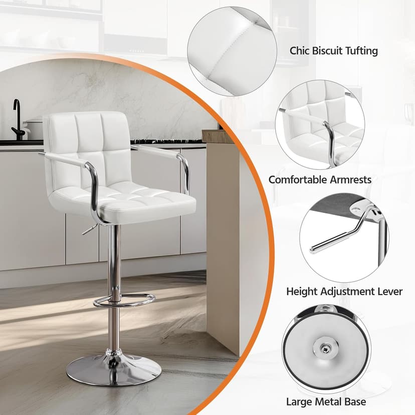 Yaheetech Bar Stools Set of 2, PU Leather Adjustable Swivel Barstools, Hydraulic Kitchen Counter Height Bar Chairs with Armrest and Back for Bar, Kitchen, Dining Room, White