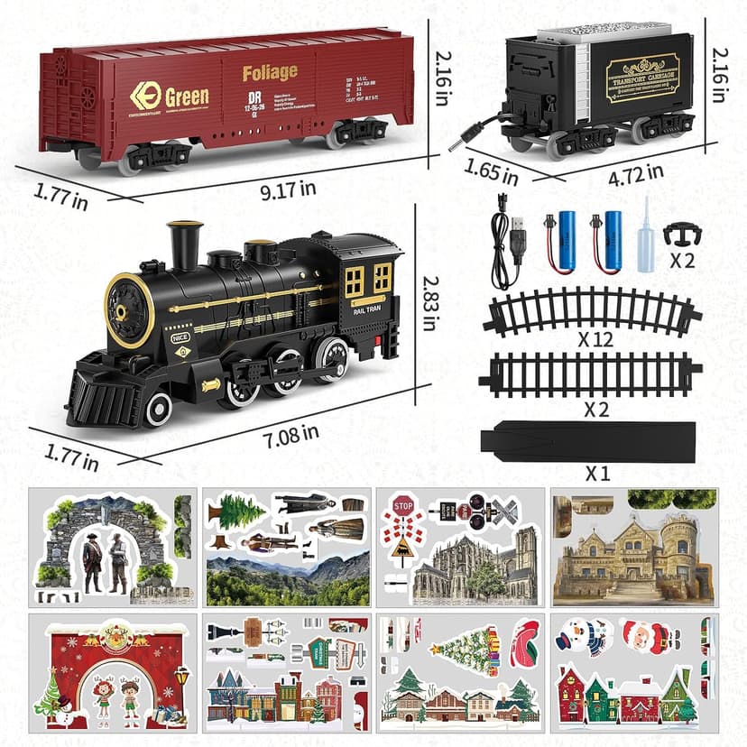 TEMI Steam Train Toy Set for Boys 3 4 5 6 7 Years, with Sounds & Light, Electric Classical Engine Locomotive for Kids, Rechargeable Model Train Kit for Christmas Tree, Cargo Car Railway Tracks