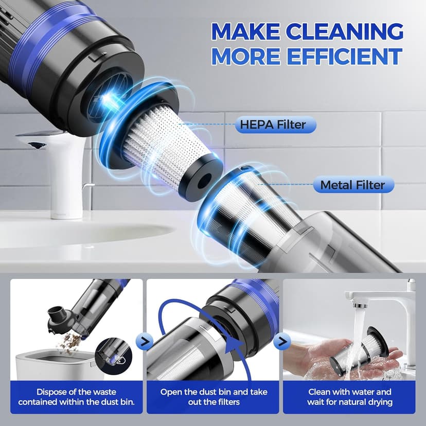 Filigo Handheld Vacuum Cordless Rechargeable 2-Speed Modes| 3-in-1 Portable Cordless Vacuum Cleaner with Charging Dock, for Car Home Office and Pet Hair(Blue)