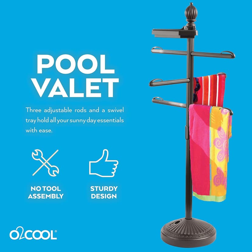 O2COOL Pool & Spa Valet, Adjustable Pool & Patio Towel Holder with Weighted Base, Outdoor Towel Bar, Poolside Table, Bronze