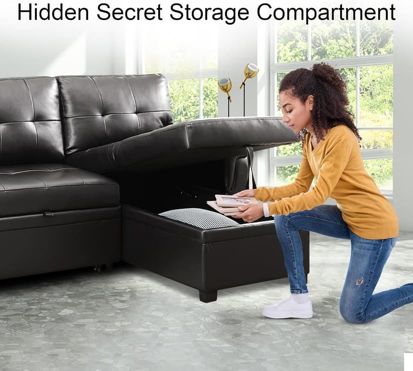 Naomi Home Modern Sectional Sofa with Storage Chaise Black/Air Leather