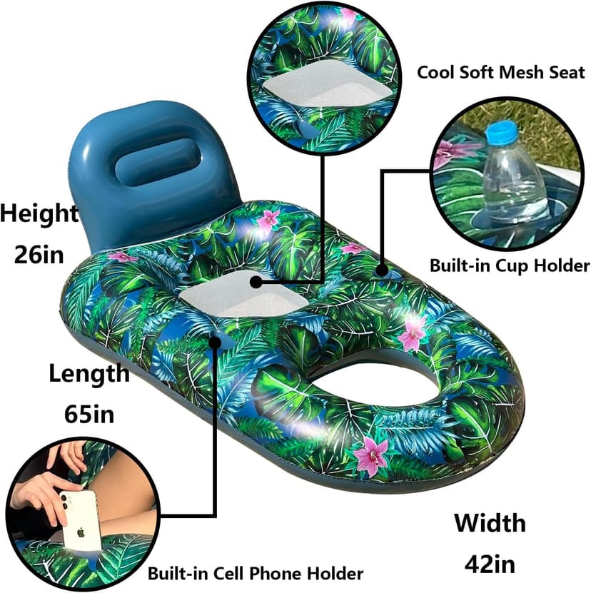 FindUWill Pool Floats Chairs Adult - 2 Pack 65'' x 42'' Large Pool Float Chairs, Inflatable Pool Lounger with Cup Phone Holder, Backrest, Footrest, Tanning Pool Lounge