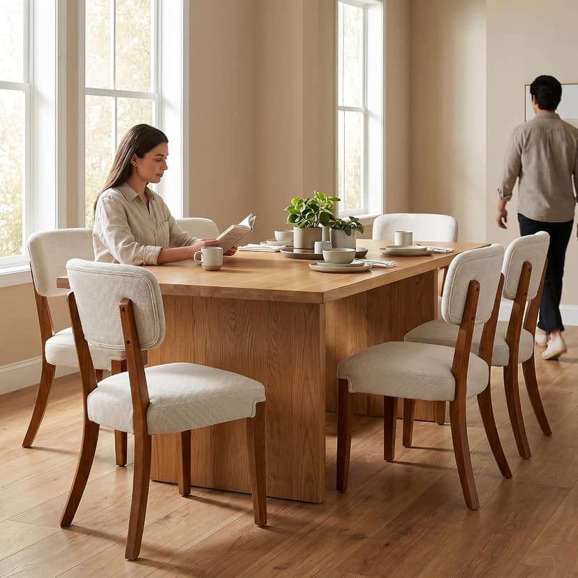 OVENTA Modern Armless Dining Chairs Set of 4, Mid-Century Contemporary Side Chairs with Solid Rubber Wood Legs, Beige Upholstered Fabric Accent Chairs for Dining Room, Kitchen, Living Room