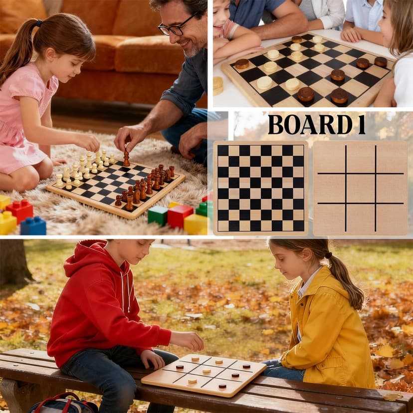 Glintoper 5-in-1 Wooden Board Game with 2 Reversible Boards for Chess, Checkers, Chinese Checkers, Snakes and Ladders, Tic Tac Toe, Tabletop Combo Classic Portable Board Games for Kids to Adult