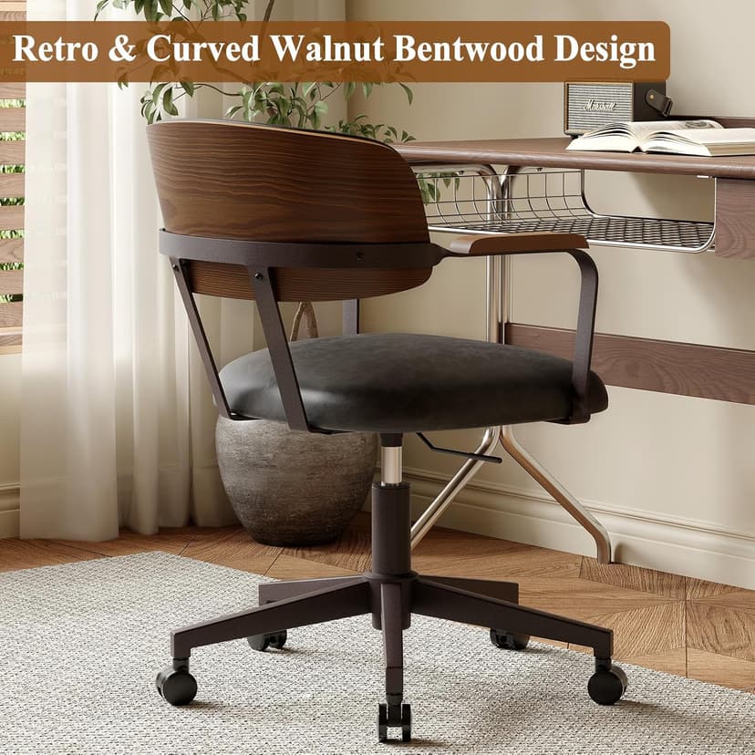 Mid-Century Modern Desk Chair with Walnut Bentwood Design,Retro Home Office Chair with Adjustable Height,360°Swivel,Smooth Rolling Casters,Small Computer Chair PU Leather (Black)