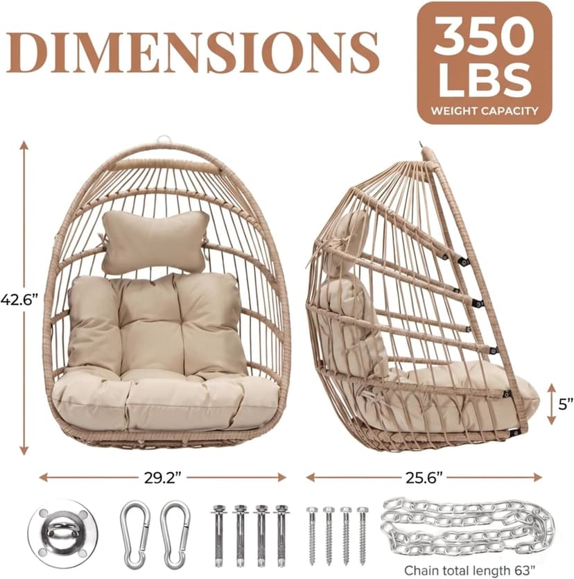 Nicesoul Outdoor Hanging Egg Chair Without Stand, Patio Wicker Swing Egg Basket Chairs with Padded Cushion, 350 Lbs Comfy Cozy Ceiling Tree Swinging Egg-Shaped Chair No Stand for Indoor Balcony, Beige