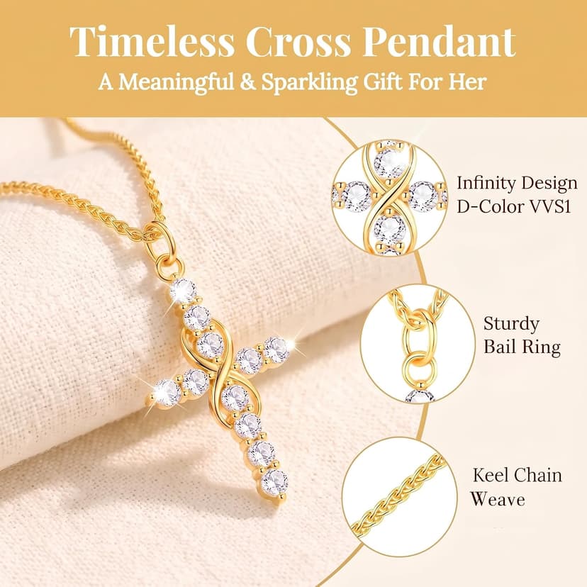 11 Round Moissanites,D-VVS1,Gifts for Christian Women,Religious Faith Jewelry|Anniversary Birthday Gifts for Wife Her w/LED Infinity Moissanite Cross Necklace for Women|S925 18K Gold Filled B0GVN8C6P5