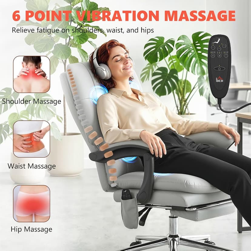 HOMCOM Massage Office Chair with 6-Point Vibration, Pet-Friendly Faux Leather Ergonomic Executive Desk Chair with Double-Layer Spring Cushions, Wide Seat, High Back, Reclining, Footrest, Light Gray