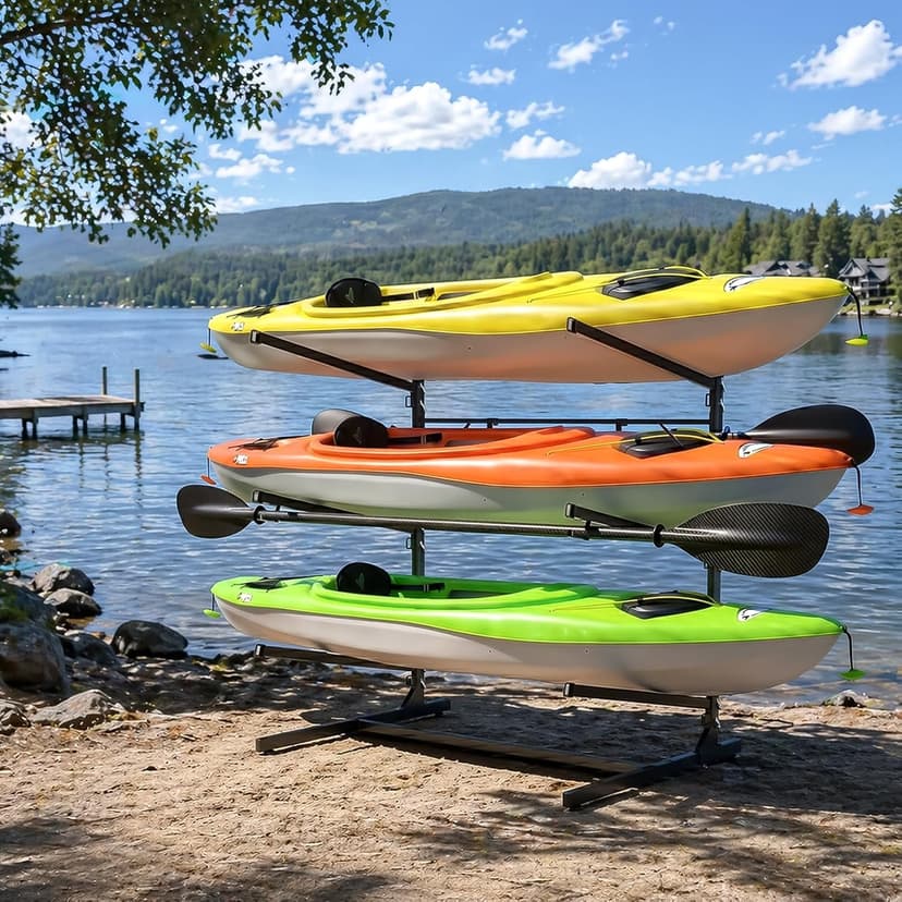 Faesun 3-Tier Kayak Storage Rack, Freestanding Kayak Rack with Paddle Hook, Adjustable Heavy Duty Kayak Stand with Ground Pegs, Storage Rack for Kayak, Canoe, Surfboard & Paddleboard