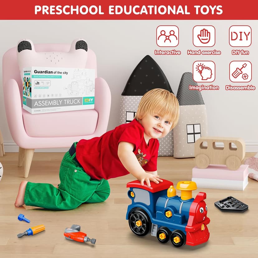 BASUN Toddler Take Apart Toy Set with Electric Drill, DIY Electric Train Assembly, STEM Building Learning Toys, Xmas Gifts for 3-8 Year Old Boys & Girls