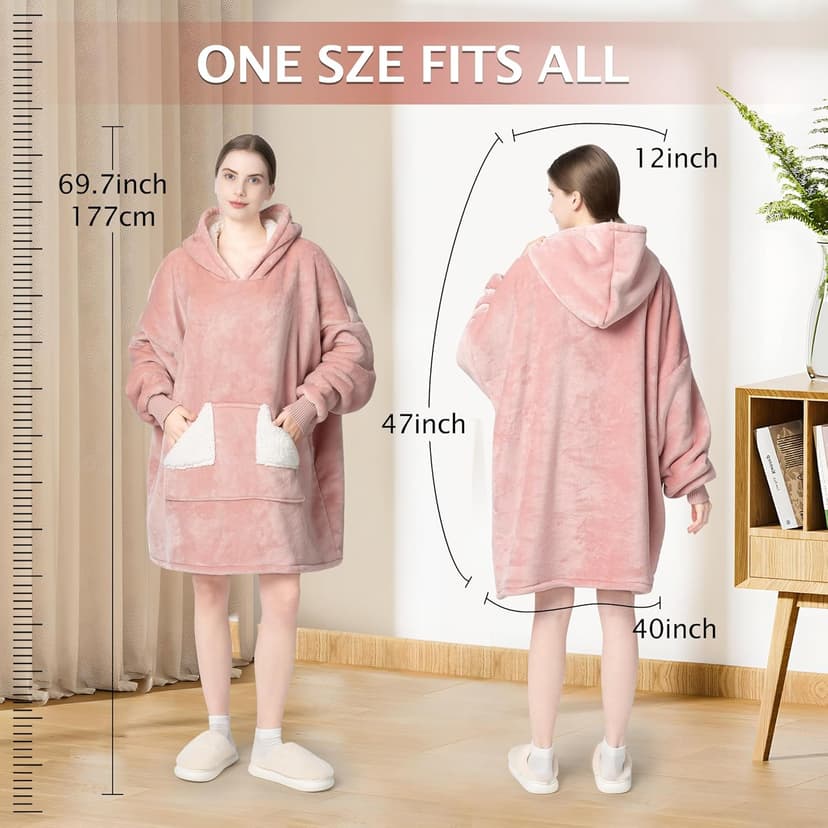 Touchat Wearable Blanket Hoodie, Oversized Sherpa Blanket Sweatshirt with Hood Pocket and Sleeves, Super Soft Warm Plush Hooded Blanket for Adult Women Men, One Size Fits All (Pink)