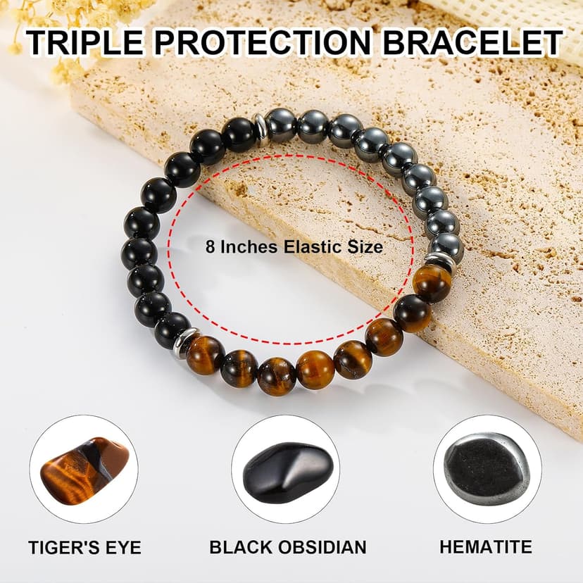 Bracelet Gifts for Men, Triple Protection Black Obsidian Hematite Tiger Eye Beaded Natural Stone Bracelets Birthday Christmas Stocking Stuffers Healing Jewelry Gifts for Him