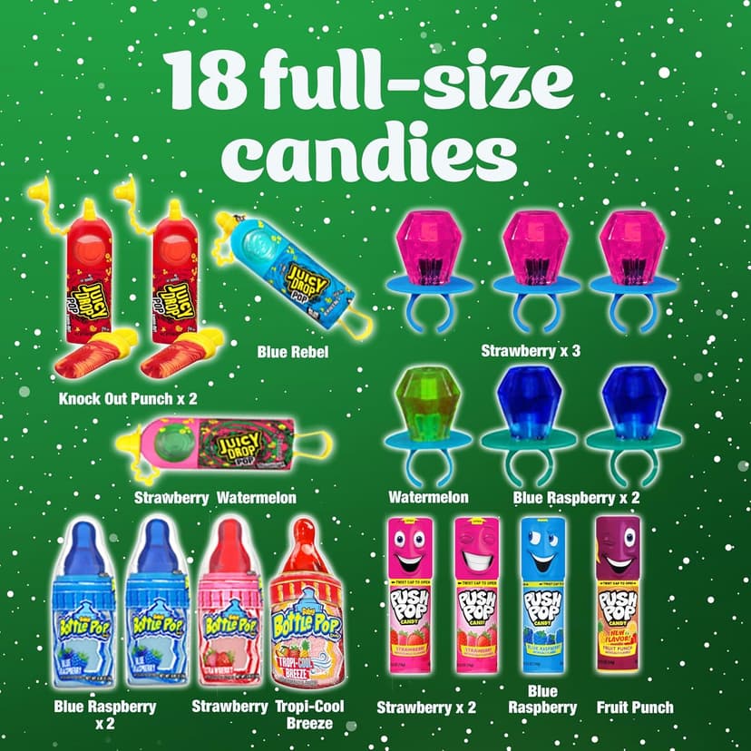 Christmas Candy Variety Pack, 18Ct Assorted Lollipops, Bulk Individually Wrapped Ring Pop, Push Pop, Baby Bottle Pop & Juicy Drop, Birthday Party Favors, Stocking Stuffers, Candy Bowls, Kids Gifts