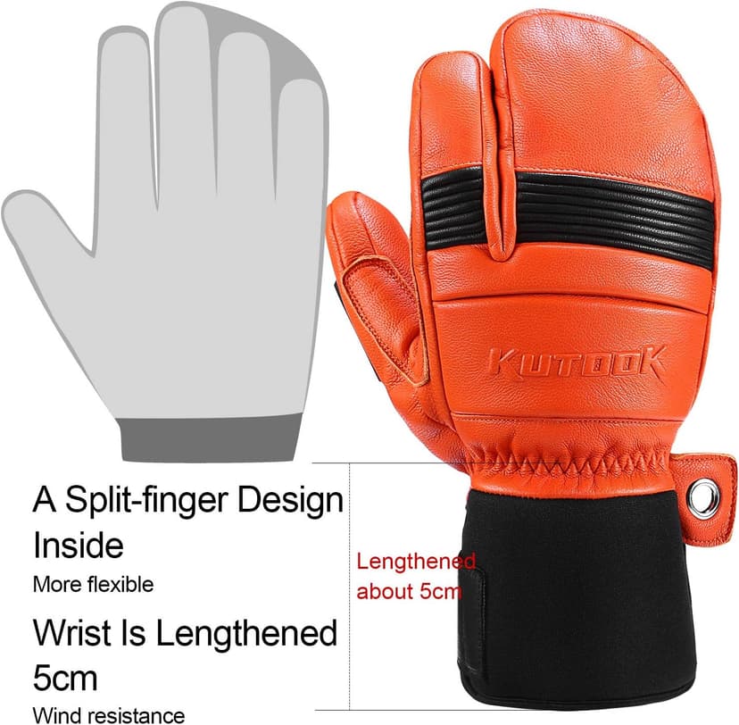 KUTOOK Ski Mittens with HIPORA Waterproof Membrane Goat Leather Gloves for Skiing Outdoor