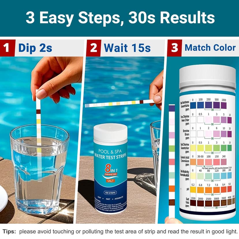 All-New 2026 8-in-1 Pool Test Strips -150 CT Pool Salt Test Strips | Salt Water Pool Testing Kit for Salt Water Pools, in & Above-Ground Pools, Hot Tubs&Spas| Quick&Accurate Testing Chlorine,pH,Salt