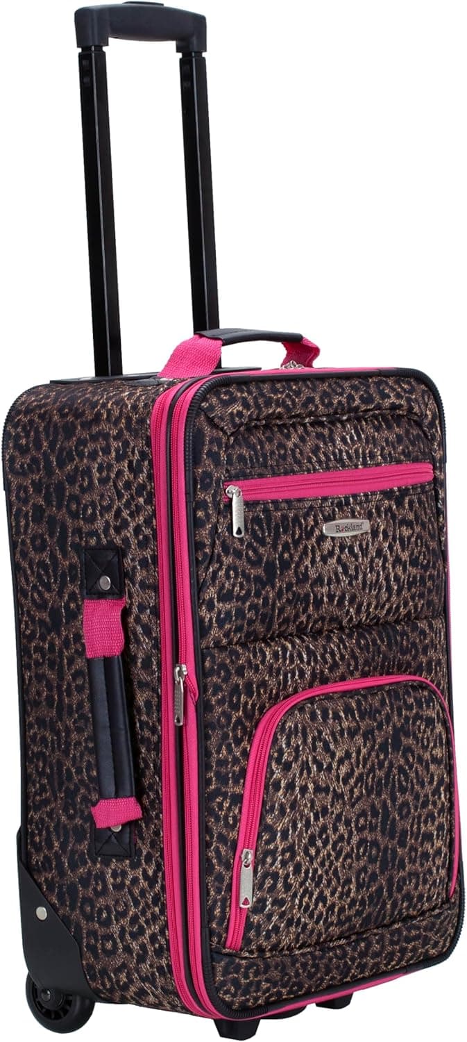 Rockland Fashion Softside Upright Luggage Set, Expandable,Lightweight,Telescopic Handle,Wheel, Pink Leopard, 2-Piece (14/19)