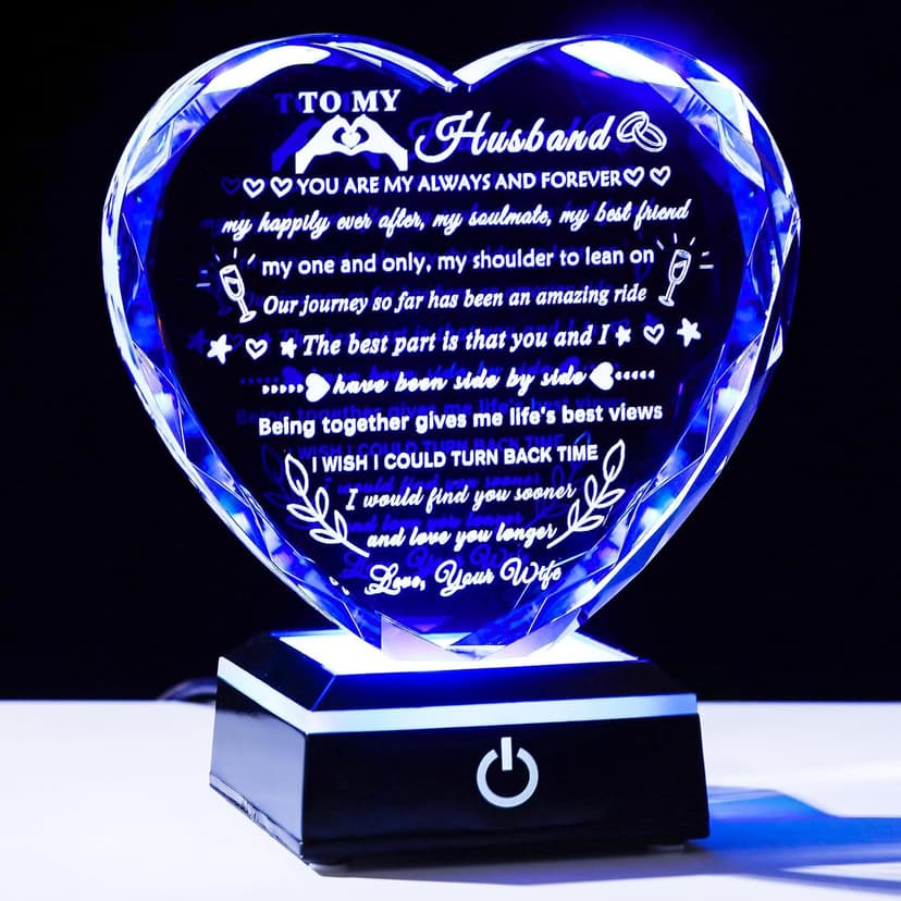 YWHL Gifts for Husband from Wife with Colorful LED Base Anniversary Birthday Gifts for Husband to My Husband Crystal Heart keepsake I Love You Gifts for Him on Valentine Christmas Fathers Day B0D86M2CG9