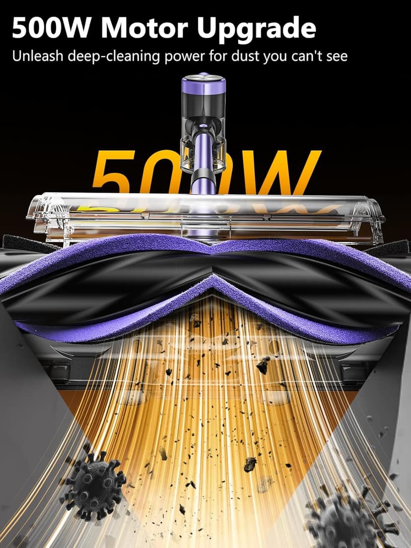 Cordless Vacuum Cleaner, 46KPa/500W Stick Vacuum with 55 Mins Runtime, Self-Standing Vacuum Cleaner for Home, LED Display, Anti-Tangle Brush, Rechargeable Vacuum for Hardwood Floor, Pet Hair (Violet)