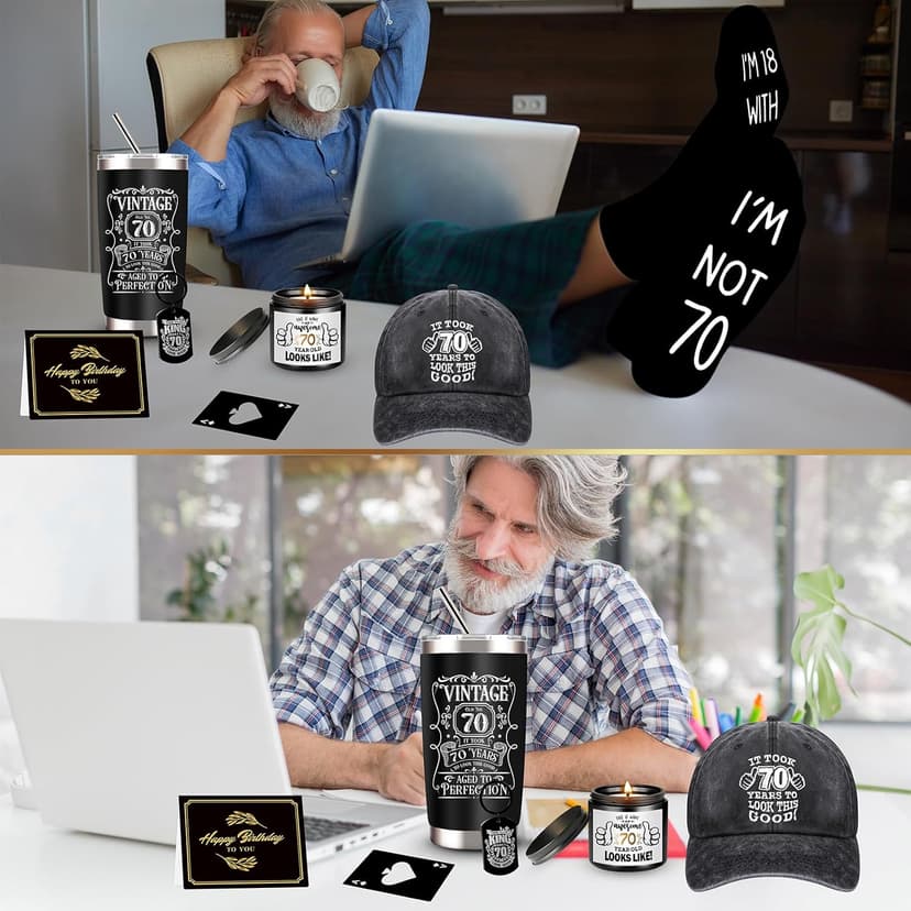 70th Birthday Gifts for Men - Unique Box with 20 Oz Tumbler, Scented Candle, Socks, Baseball Cap for Husband, Dad, Grandpa, Friends, Teachers, Boss