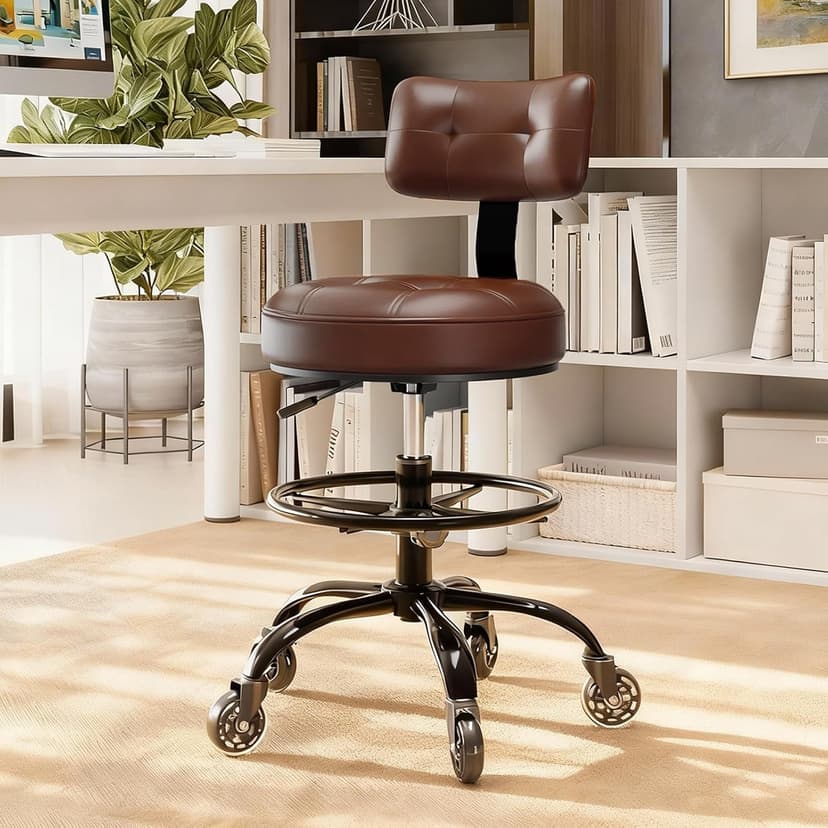 Office Drafting Chair with Footrest, Tall Height Adjustable Stool with Back Support, Heavy Duty Rolling Stool Chair with Wheels for Office Home Kitchen Bar Shop Guitar Studio Vanity, Brown