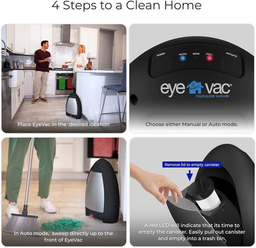 EyeVac Home Touchless Vacuum Automatic Dustpan - Great for Sweeping Pet Hair Food Dirt Kitchen - Ultra Fast & Powerful, No More Bending Down, Bagless, Corded, Automatic Sensor, 1000 Watt (Matte Black)