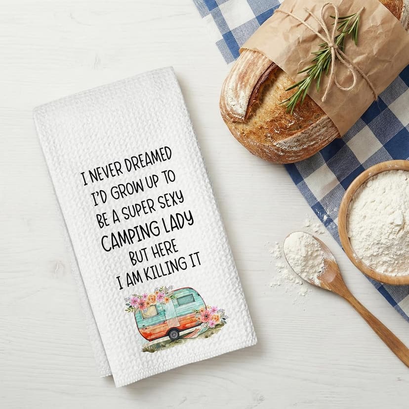 Camping Kitchen Towels 16x24 Waffle Weave, I Never Dreamed I’d Grow Up to Be a Super Sexy Camping Lady Dish Towels, Camp RV Gifts for Women, Gifts for Campers -A01 B0FFMWD7JP