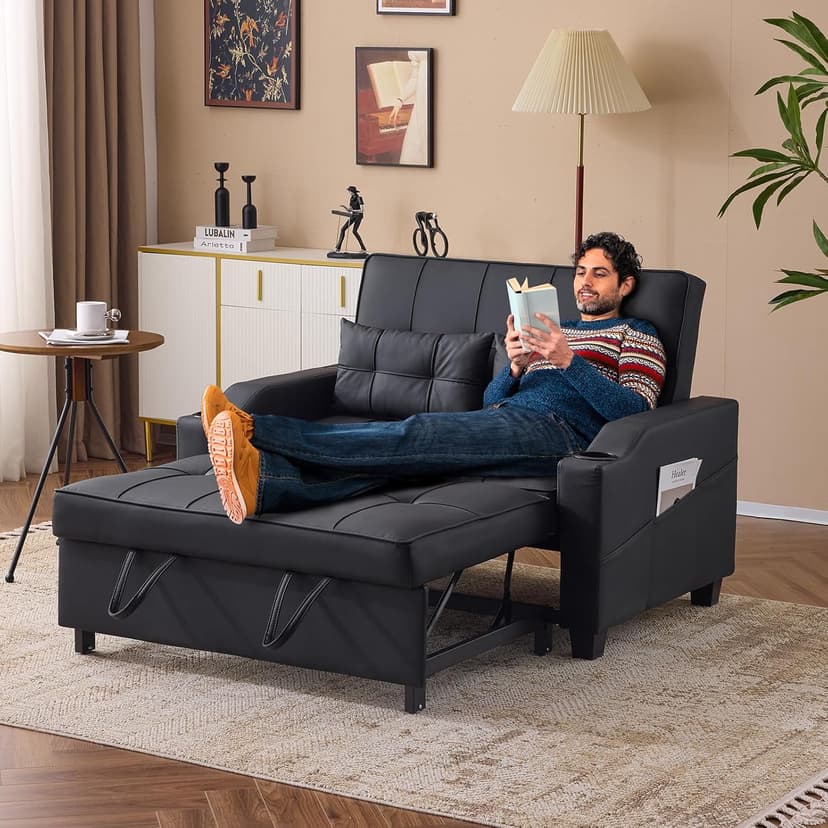 VINGLI Convertible Loveseat Sleeper, Black Faux Leather Futon Sofa Bed Pullout Couch Bed with USB Ports, Cup Holders, Armrest for Living Room, Bedroom, Home Office Apartment