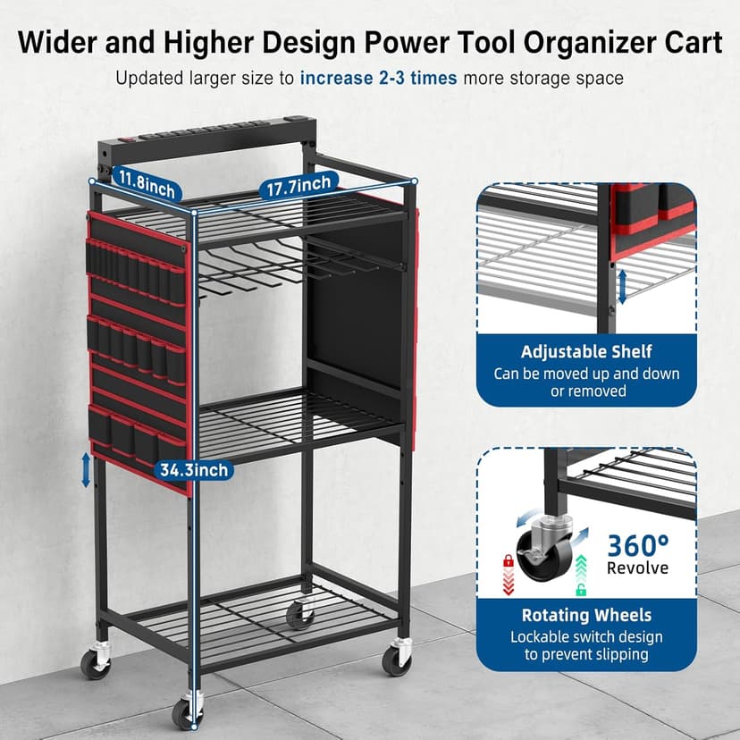 Floor Rolling, Large Tools Storage Cart on Wheels, Heavy Duty Drill Battery Station, Utility Rack Shelf for Garage Workshop JUNNUJ Power Tool Charging Organizer Cart, 8 Outlet 3 USB, 6 FT Cord, Red B0F378R323