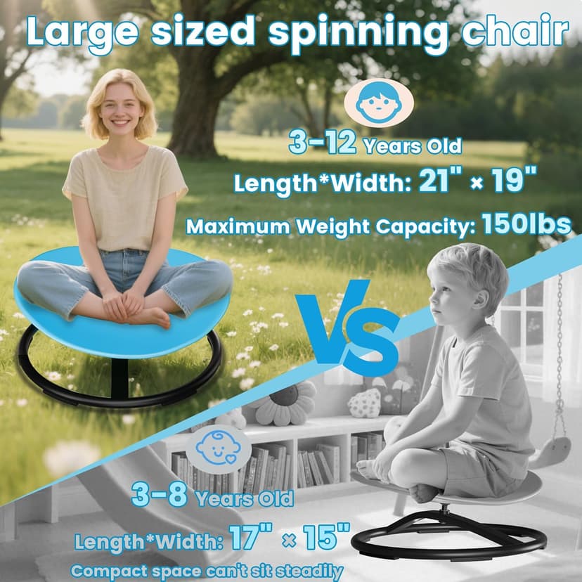 21" L × 19" W Large Size Spinning Chair for Autistic Kids, Toddler Sensory Spinning Chair, Sensory Toys Gifts for Kids with Autism & ADHD, Sit and Spin Training Body Coordination, Azure Rounded Shape