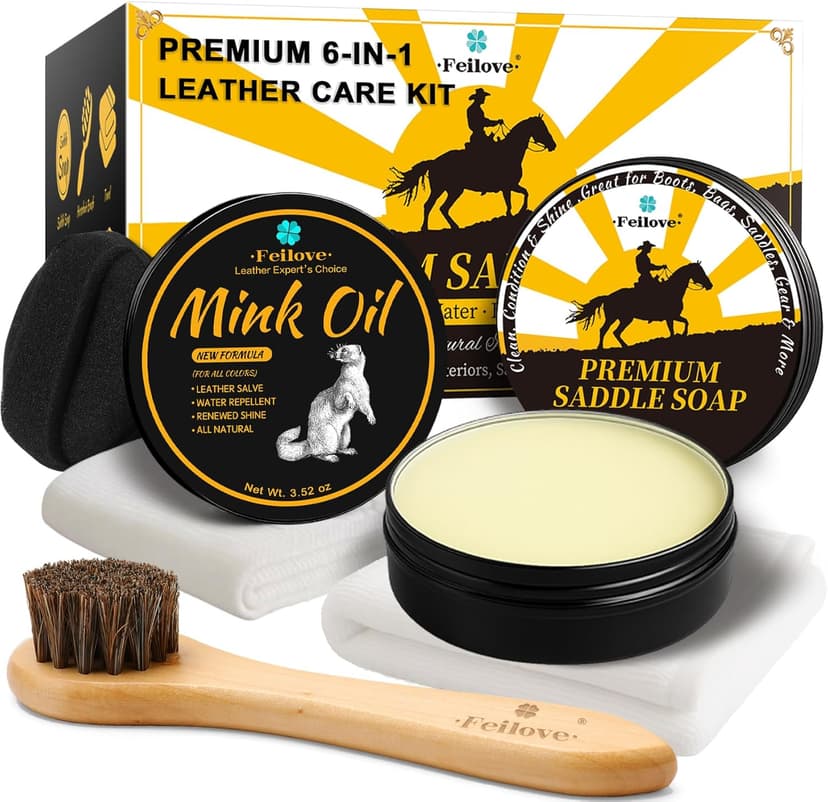 Feilove Leather Boot Care Kit – Mink Oil & Saddle Soap for Leather with Applicators & Cloths – 6-Piece Leather Shoe Care Kit for Cowboy Boots, Work Boots, Shoes & Tack