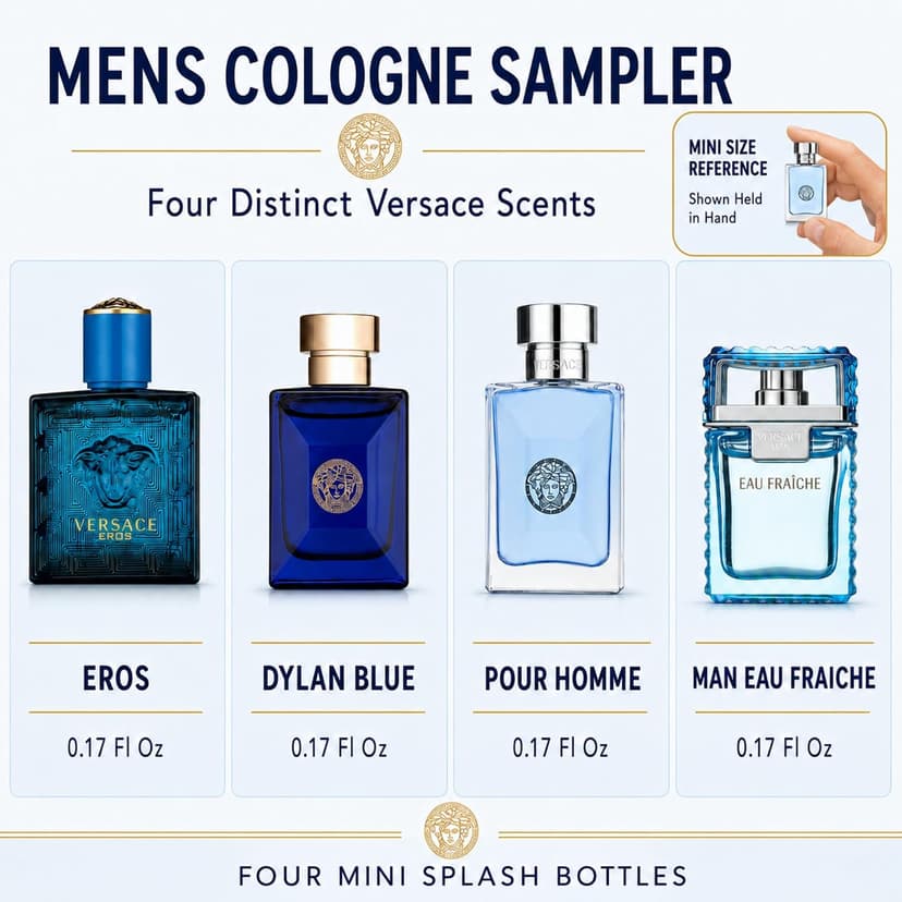 Versace Cologne for Men Set of 4 Mini Eros, Pour Homme, Dylan Blue, Eau Fraiche Perfume for Men Fragrance Sampler Set - Designer Mens Cologne Samples (4 Count, 0.17 oz)