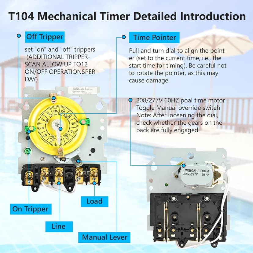 T104M Pool Timer Mechanism Only, 208-277V DPST 40A Time Switch, Pool Pump Timer, Heavy-Duty Mechanical Time Switches, 24 Hour 12 ON/Off for Pool Pump,Time Switch Mechanism Only, 6 Years Warranty