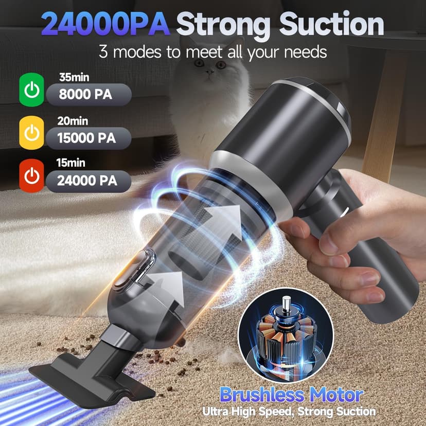 Car Vacuum Portable Cordless, Small Handheld Vacuum Cleaner with 24000PA High Power Suction, Mini Vacuum Cordless Rechargeable with One-Touch Empty, 10-in-1 Hand Vac for Car Home Office Dust