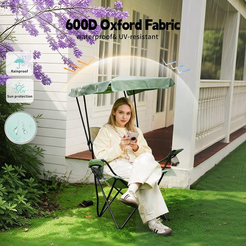 YOUNG WOOD Camping Chair with Canopy, Beach Chair with Shade,Portable,Lightweight Oversized for All, Easy to Open and Close Without Installation, Side Pocket Design for All Outdoor Activities,Blue