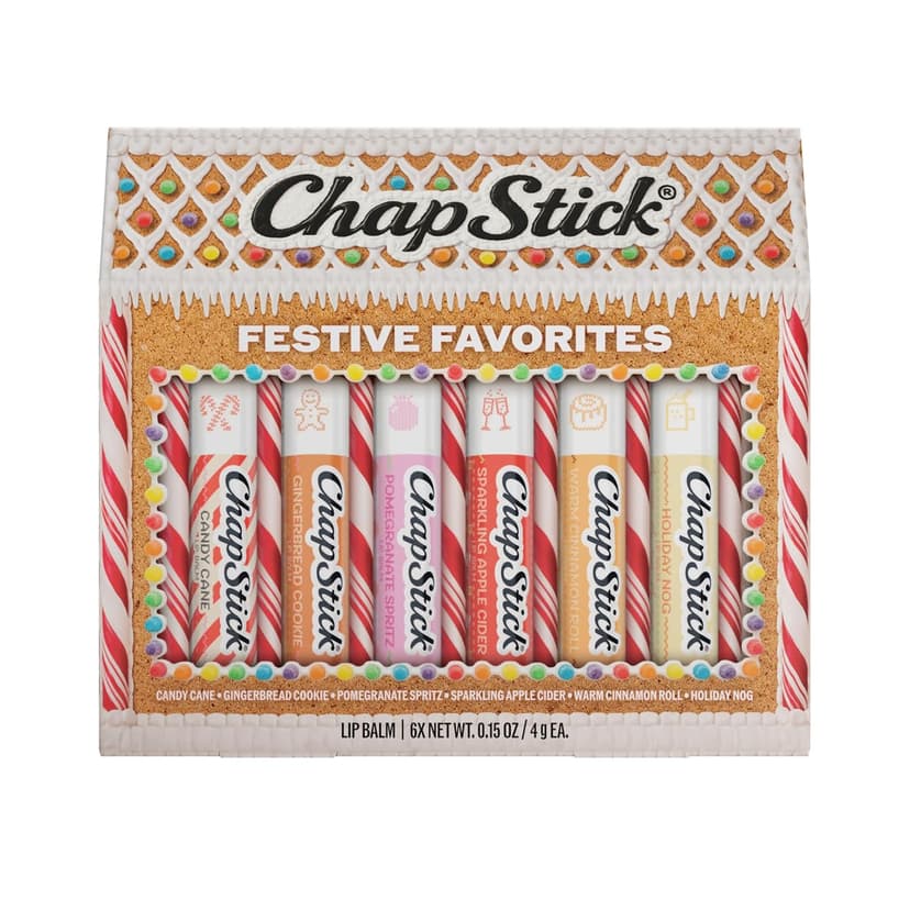0.15 oz Each, Limited Edition Seasonal Stocking Stuffer, Assorted Flavors, with 24 Hour Moisture to Hydrate Dry, Chapped Lips ChapStick Festive Favorites Holiday Flavored Lip Balm Gift Set, 6-Pack B0HB5CZRM1