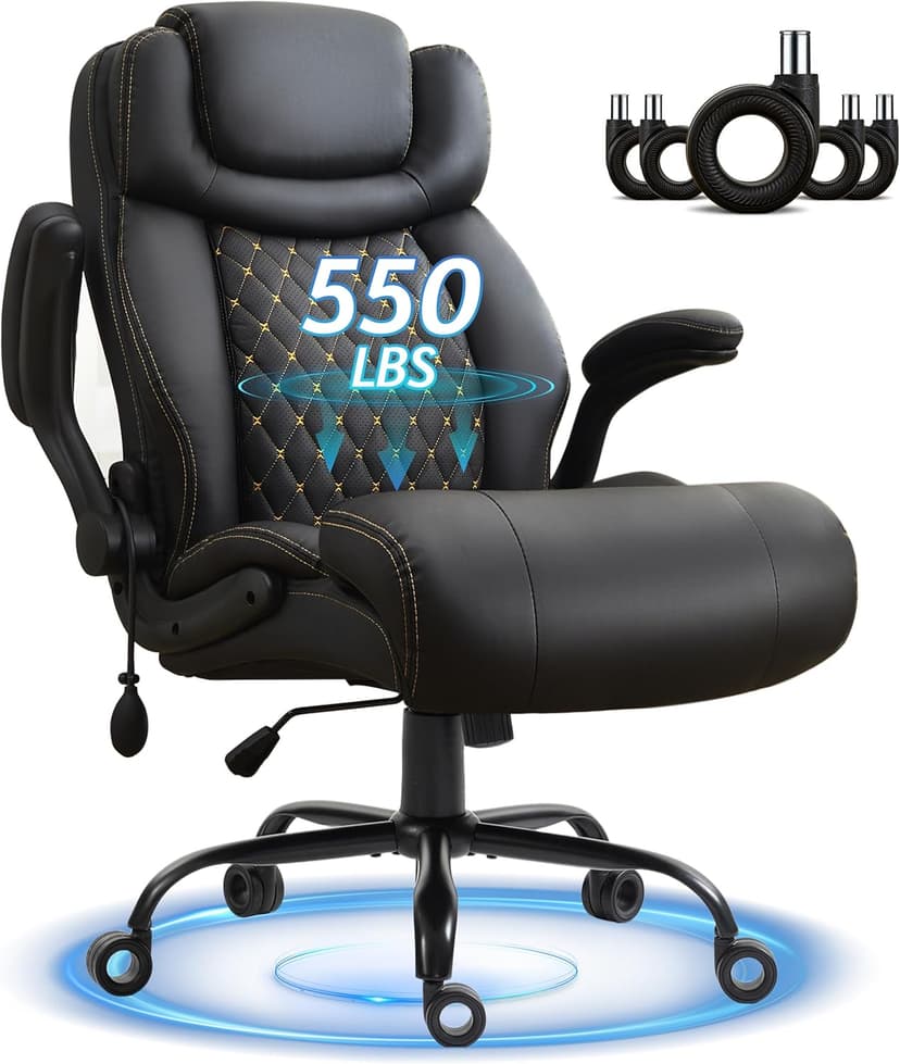 Office Chair, Big and Tall Executive Chairs with Lumbar Support for Back Pain, Breathable Desk Computer Chair with Adjustable Flip-up Armrests, Wide Cushion Swivel Home Office Chair Black PU