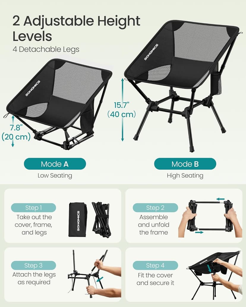 SONGMICS Camping Chair, Lightweight Folding Beach Chair, Adjustable Height, Steel Frame, Portable for Outdoor Travel