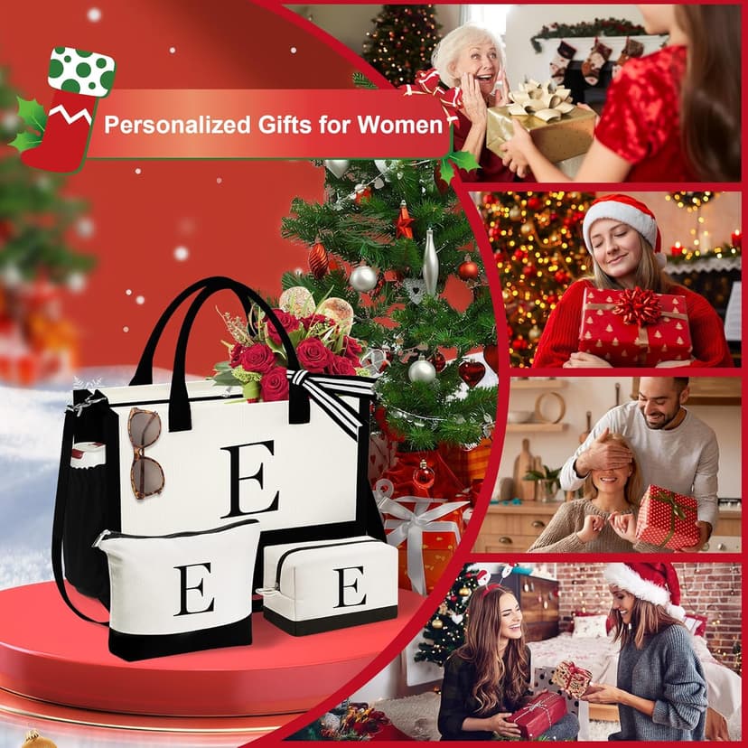 YOOLIFE Initial Canvas Tote Bag & Makeup Bag, Birthday Gifts for Women Mom Sister Friends, Bridesmaid Wedding Gifts