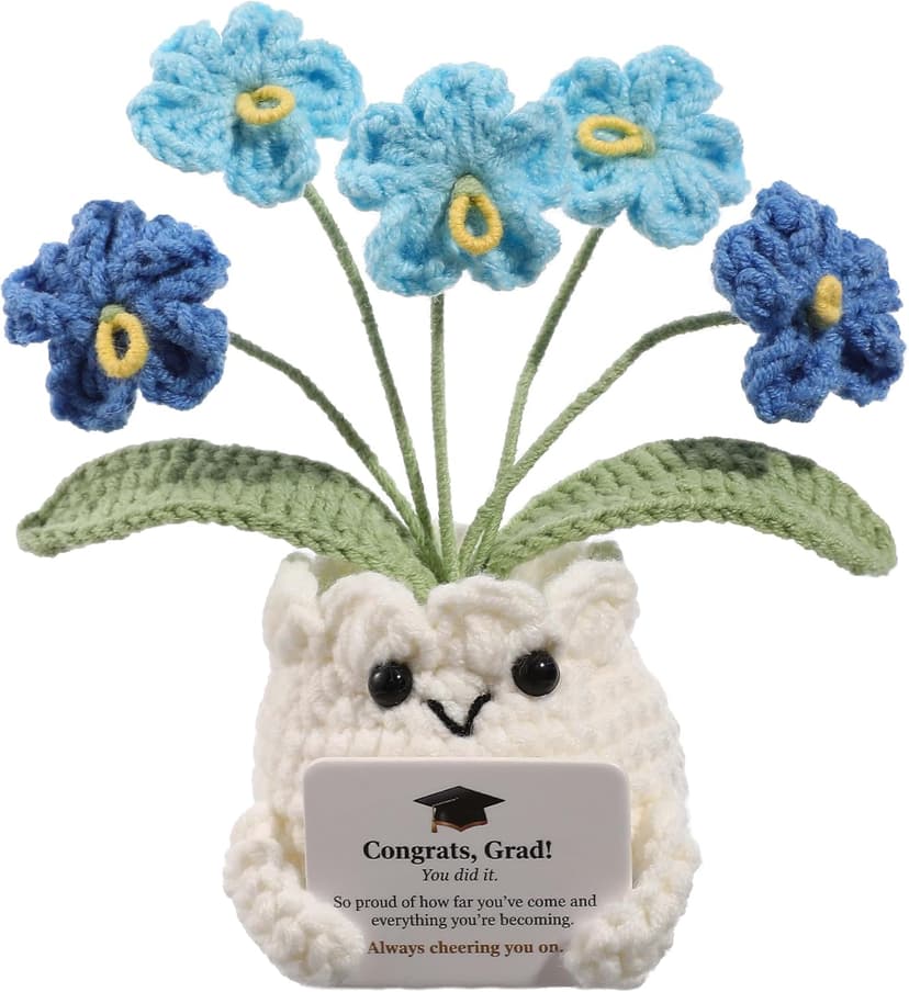 Crochet Forget Me Not Graduation Gift – Class of 2026 Blue Flowers with Card “Congrats, Grad! You Did It.”, Meaningful Gift for Student, Senior, Keepsake Desk Decor B0GMPV8Q35