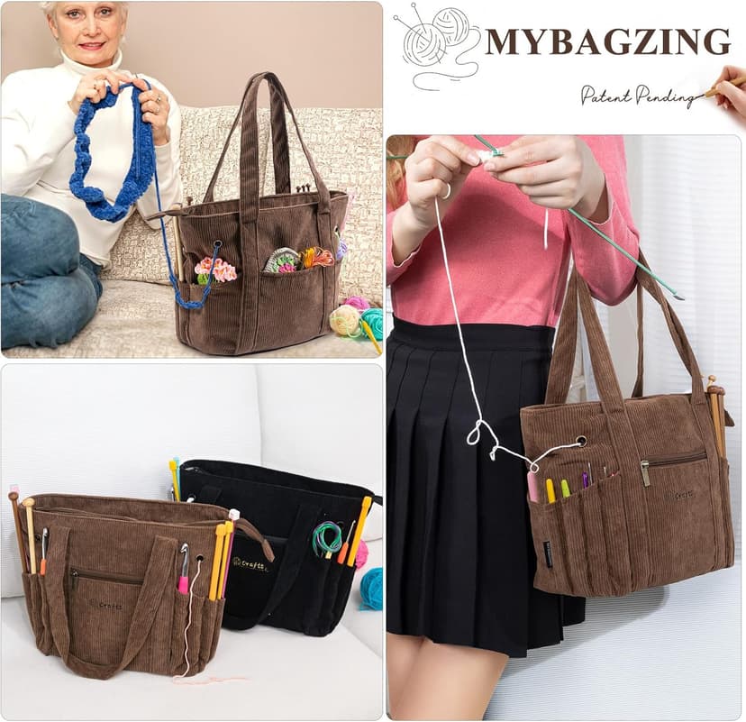 Crochet Bag and Tote - Corduroy Yarn Bag - Yarn Holder for Crocheting - Crochet Storage Bag for Crochet Hooks, Crochet Accessories, Knitting Bag for Crochet Lovers, Mother's Day Gift