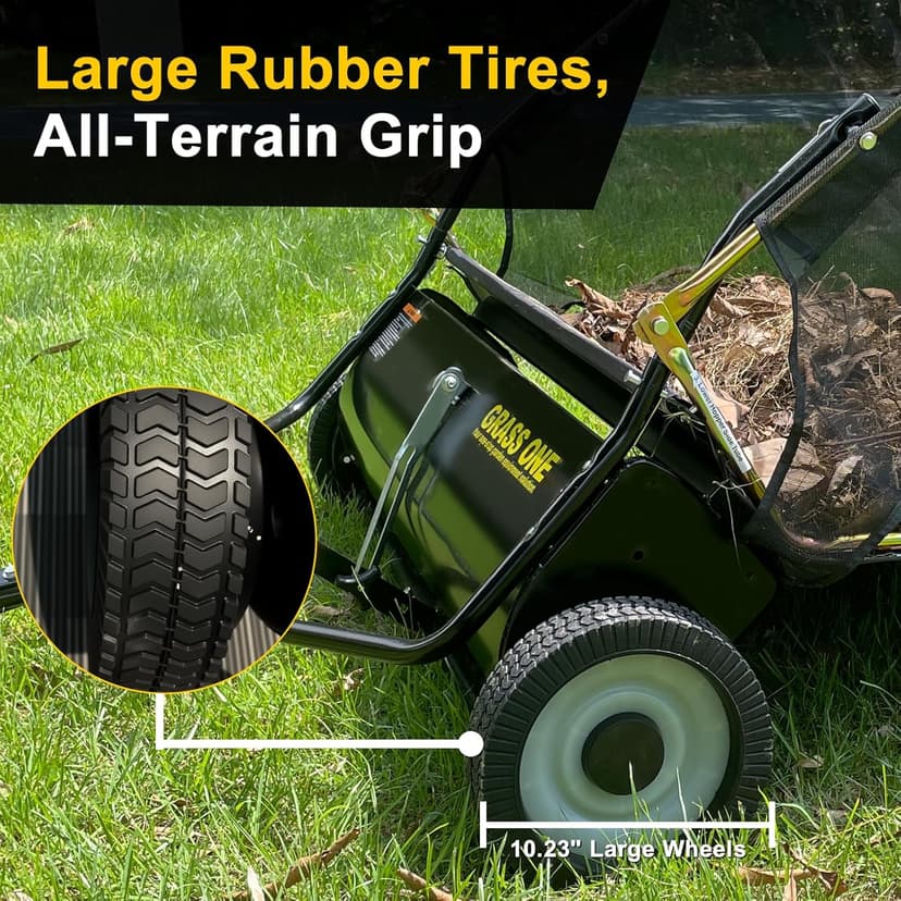 Grass One 44 Inch Tow-Behind Lawn Sweeper with 25 Cu.Ft Hopper Bag, Adjustable Brush Height & Easy Dump-from-Seat – Picks Up Leaves, Grass & Yard Debris, Garden Gift